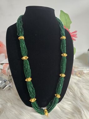 Green Beaded Multi-Strand Necklace with Gold Accents Nepali Naugedi